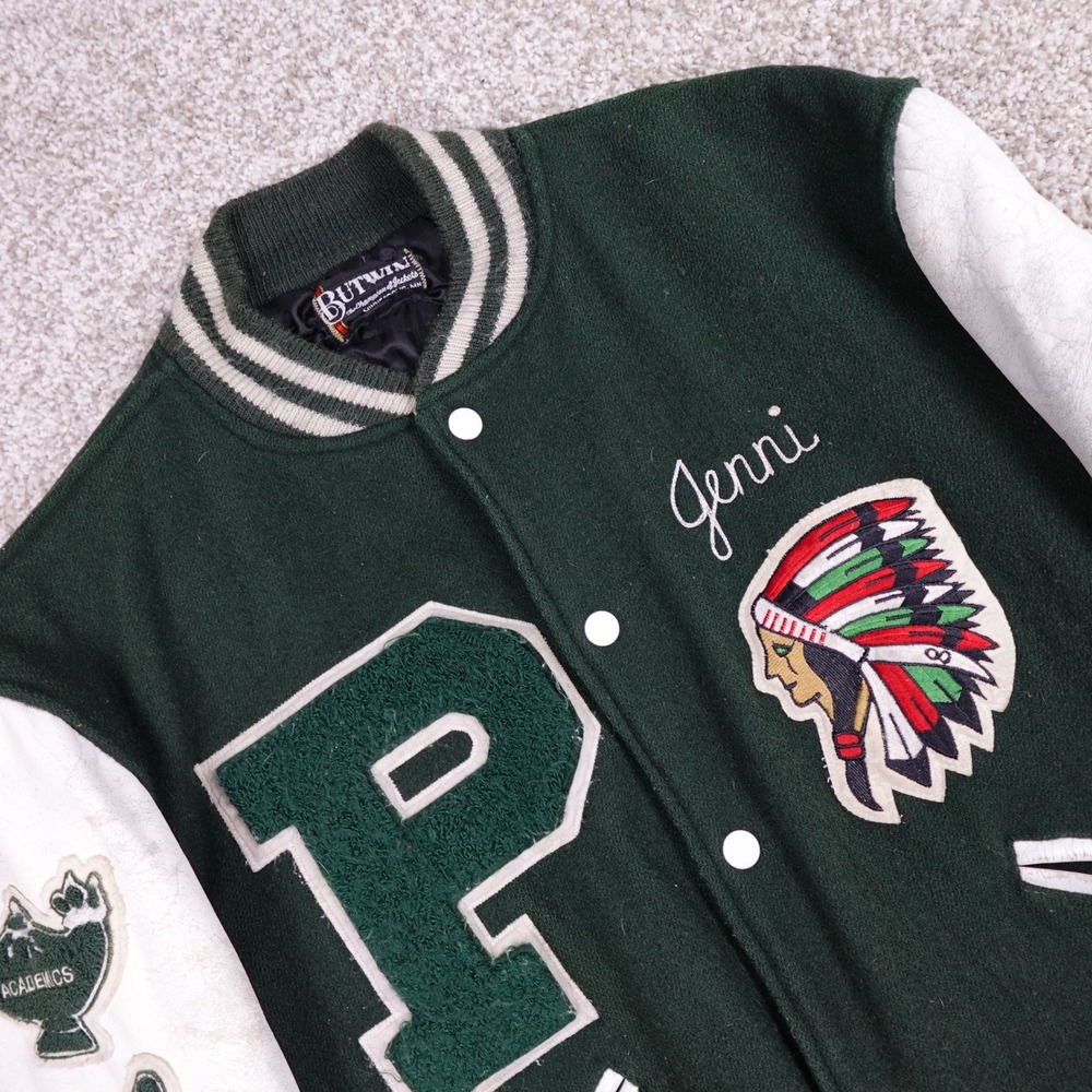 Vintage Butwin Varsity Jacket Green Wool White Leather Patches 1996 Jenni P
